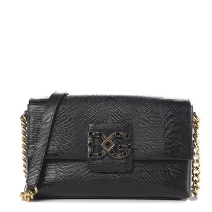 Dolce & Gabbana Stampa Iguana Calfskin Crystal Millennials Chain Shoulder Bag Black 1 of 9