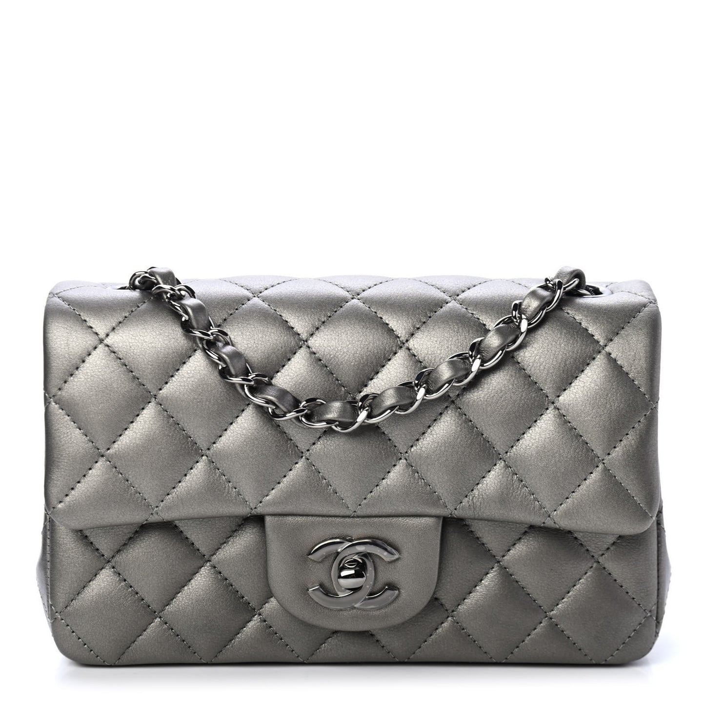 Metallic Calfskin Quilted Mini Rectangular Flap Ruthenium