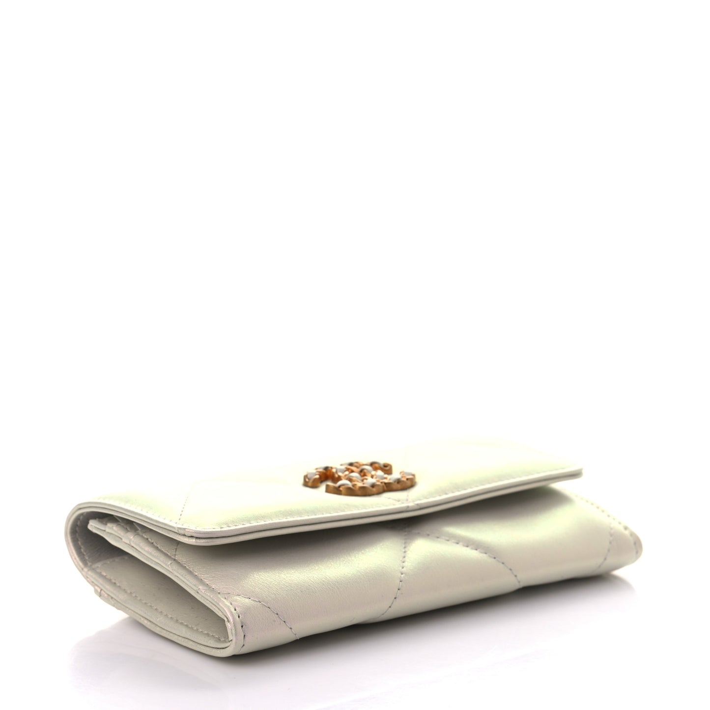 Iridescent Lambskin Quilted Chanel 19 Flap Wallet Ivory