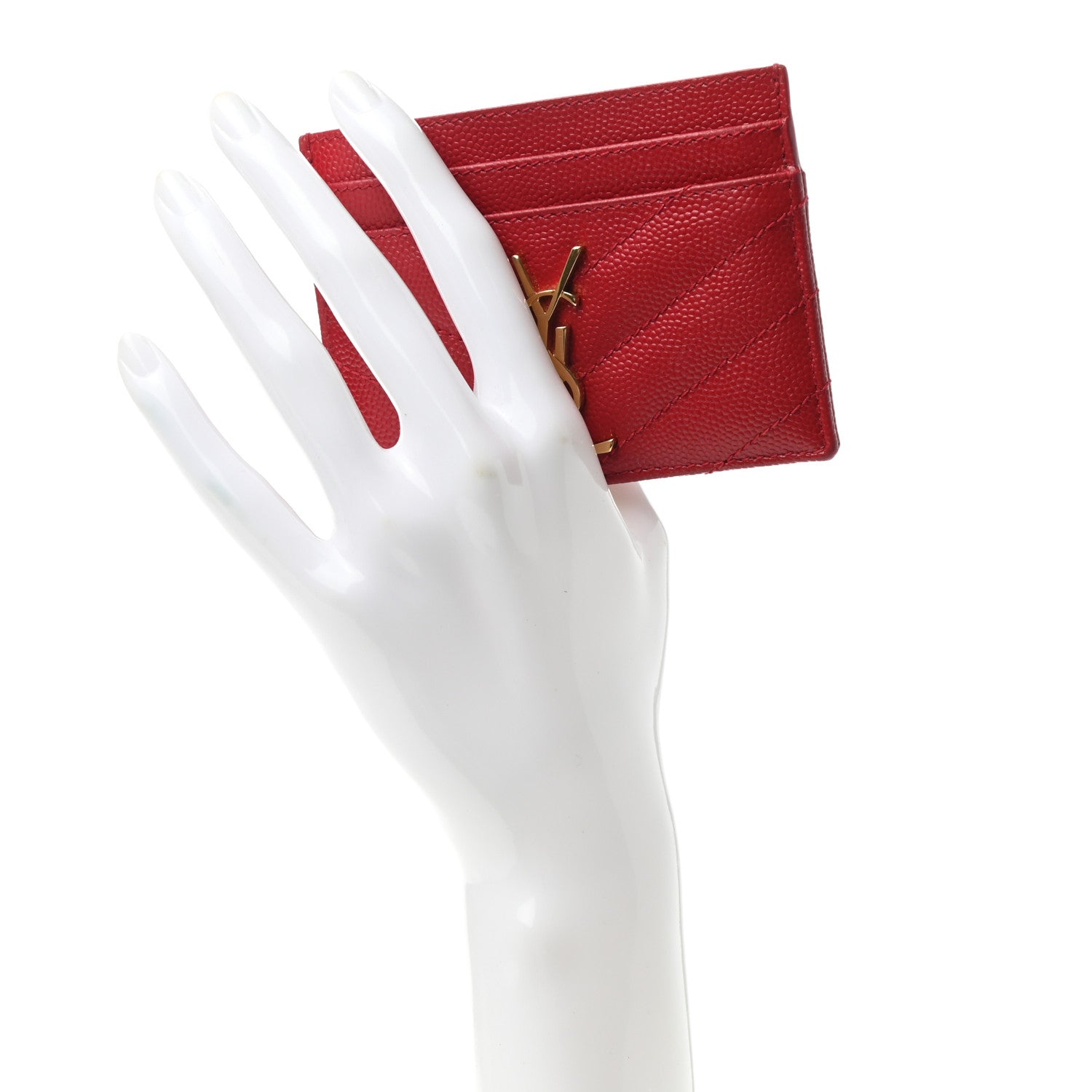 Saint Laurent Grain De Poudre Matelasse Chevron Monogram Credit Card Case New Red 2 of 7