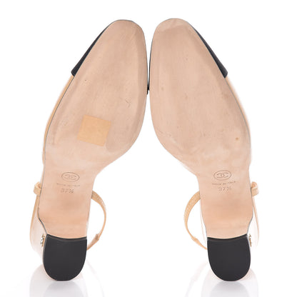 Chanel Goatskin Grosgrain Cap Toe CC Slingback Pumps 37.5 Beige Black 5 of 11