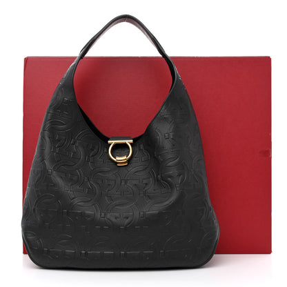 Salvatore Ferragamo Calfskin Embossed Gancini Margot Hobo Black 11 of 11