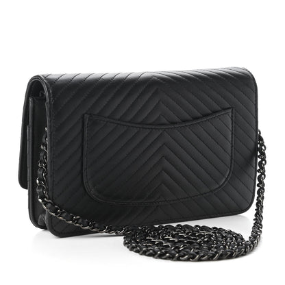 Chanel Lambskin Chevron Quilted Wallet On Chain WOC So Black 3 of 12