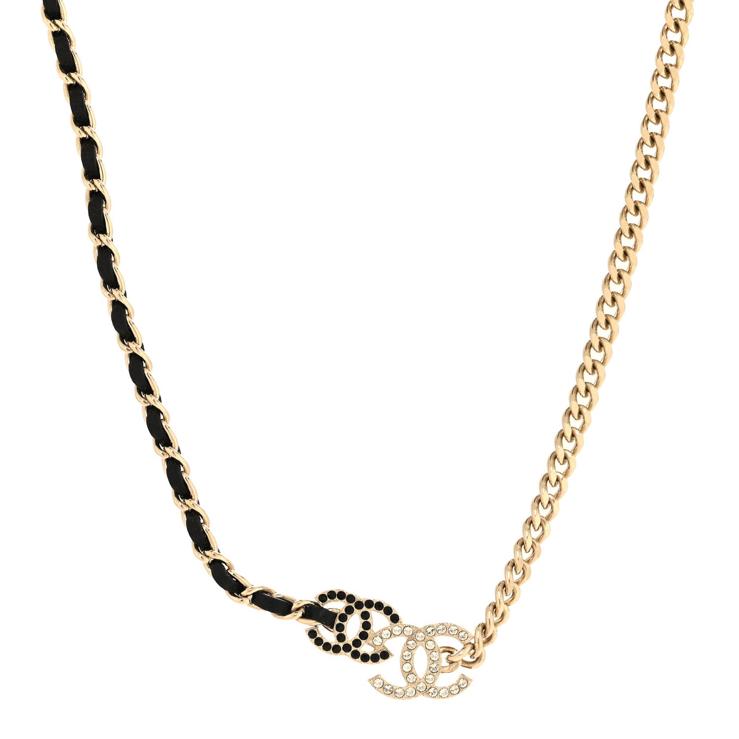Metal Lambskin Crystal Double CC Short Necklace Black Gold