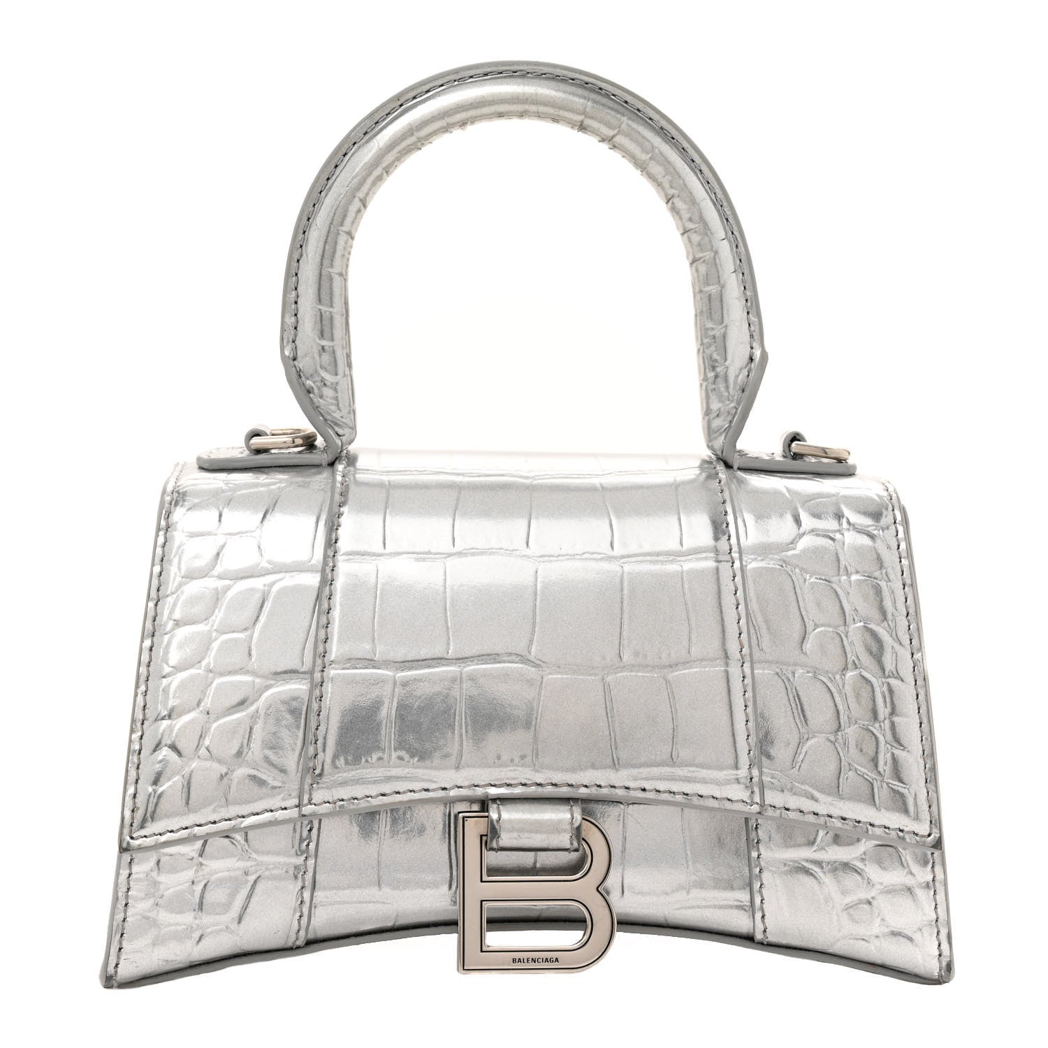 Balenciaga Metallic Calfskin Crocodile Embossed Hourglass Top Handle Bag XS Silver 1 of 15
