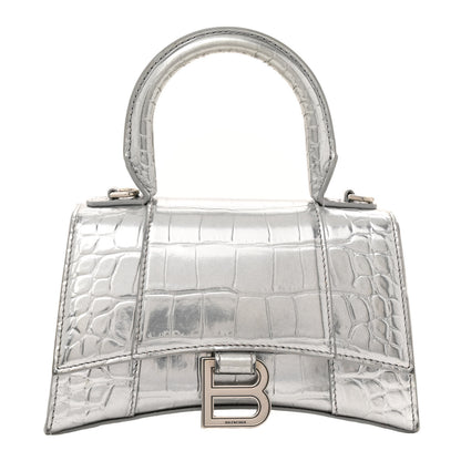 Balenciaga Metallic Calfskin Crocodile Embossed Hourglass Top Handle Bag XS Silver 1 of 15