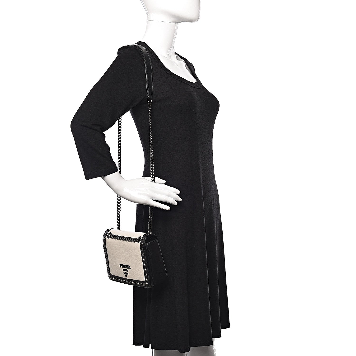 Prada Glace Calfskin Studded Crossbody White Black 2 of 10