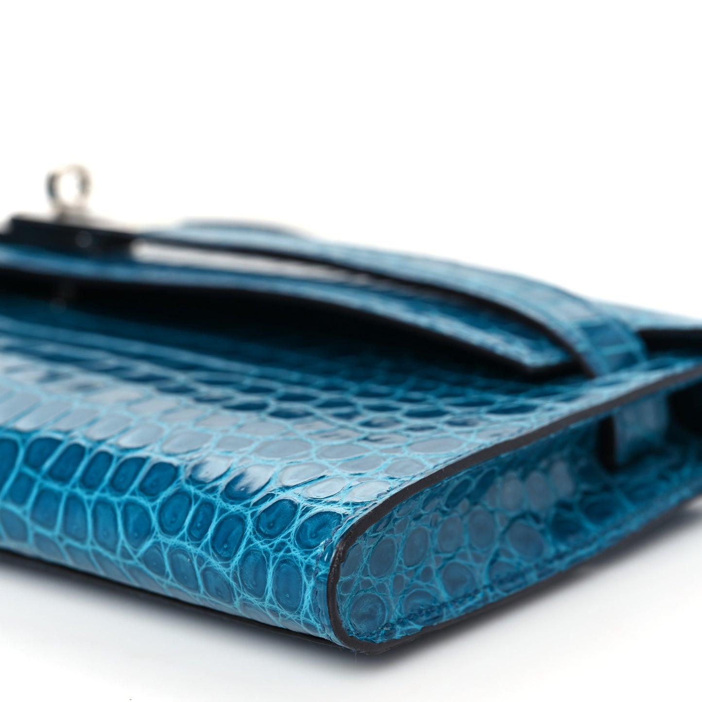 Shiny Porosus Crocodile Kelly Cut Pochette Bleu Izmir