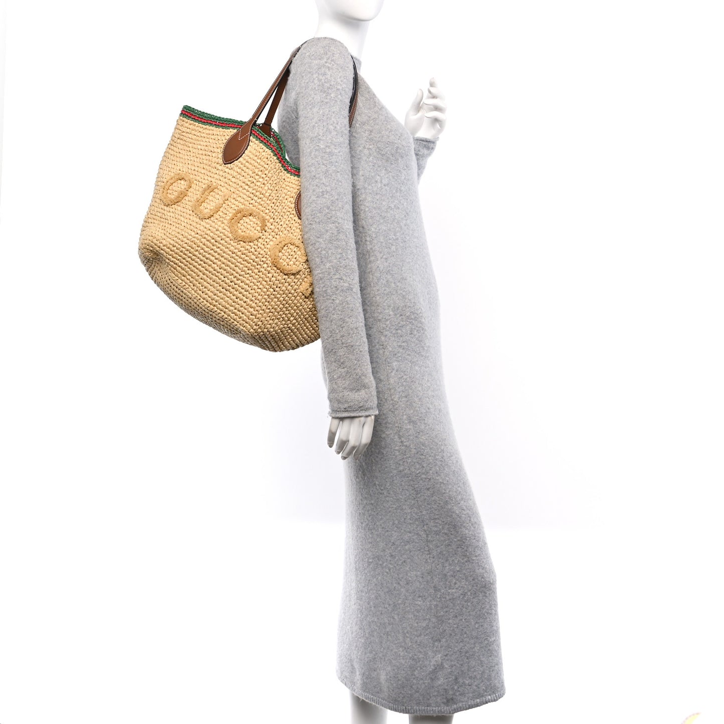 Raffia Woven Web Logo Medium Tote Bag Natural Brown