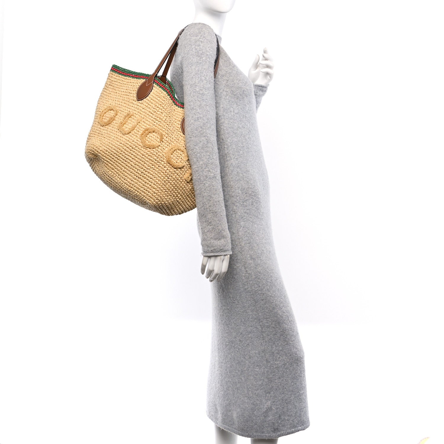 Gucci Raffia Woven Web Logo Medium Tote Bag Natural Brown 2 of 13