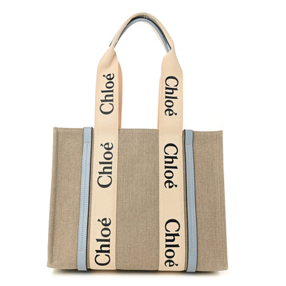 Chloe Linen Calfskin Medium Woody Ribbon Tote White Light Blue 1 of 9