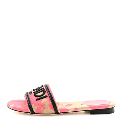 Fendi Canvas Rose Logo Embroidered Flat Slide Sandals 36.5 Kissed Black 1 of 9