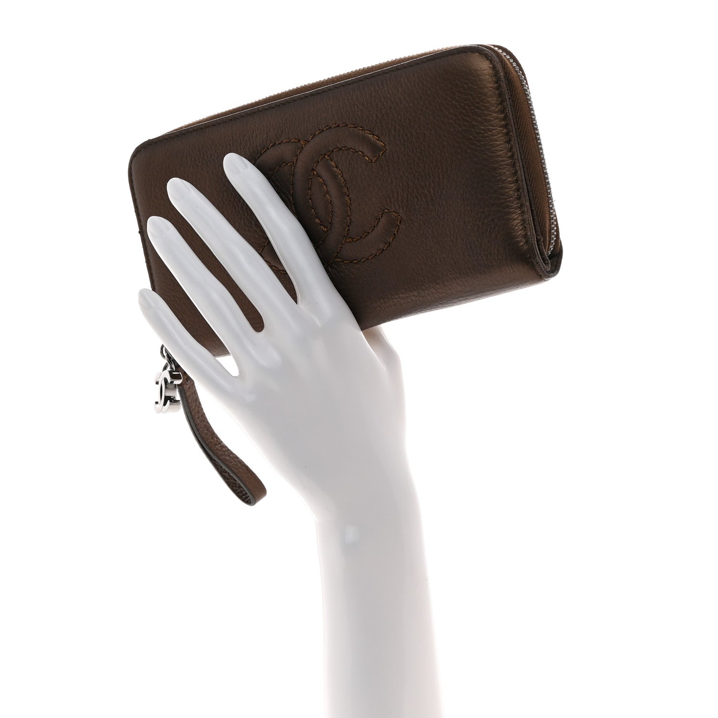 Metallic Calfskin Large Timeless Zip Around Wallet Brown