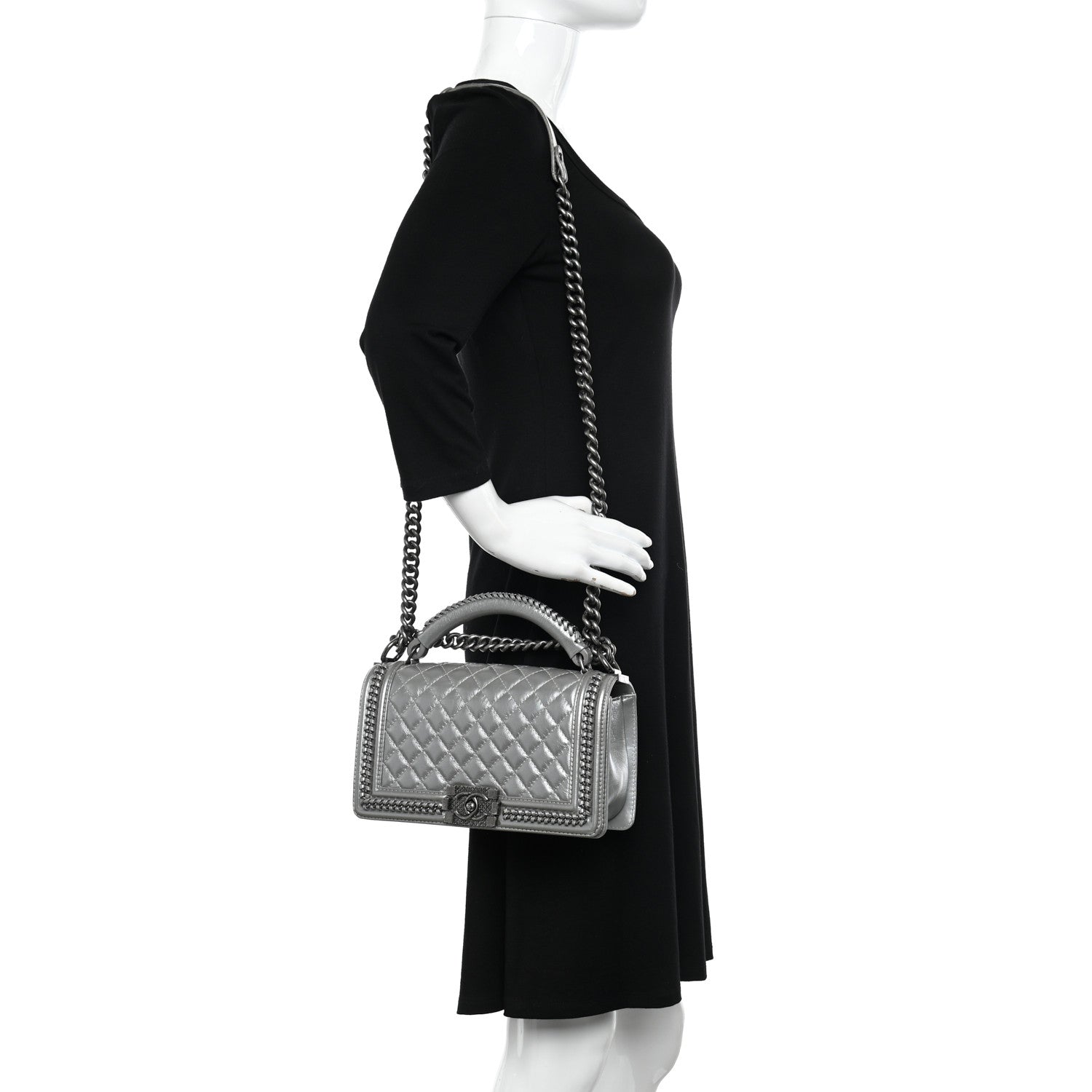 Chanel Metallic Aged Calfskin Quilted Medium Top Handle Boy Flap Silver 2 of 12