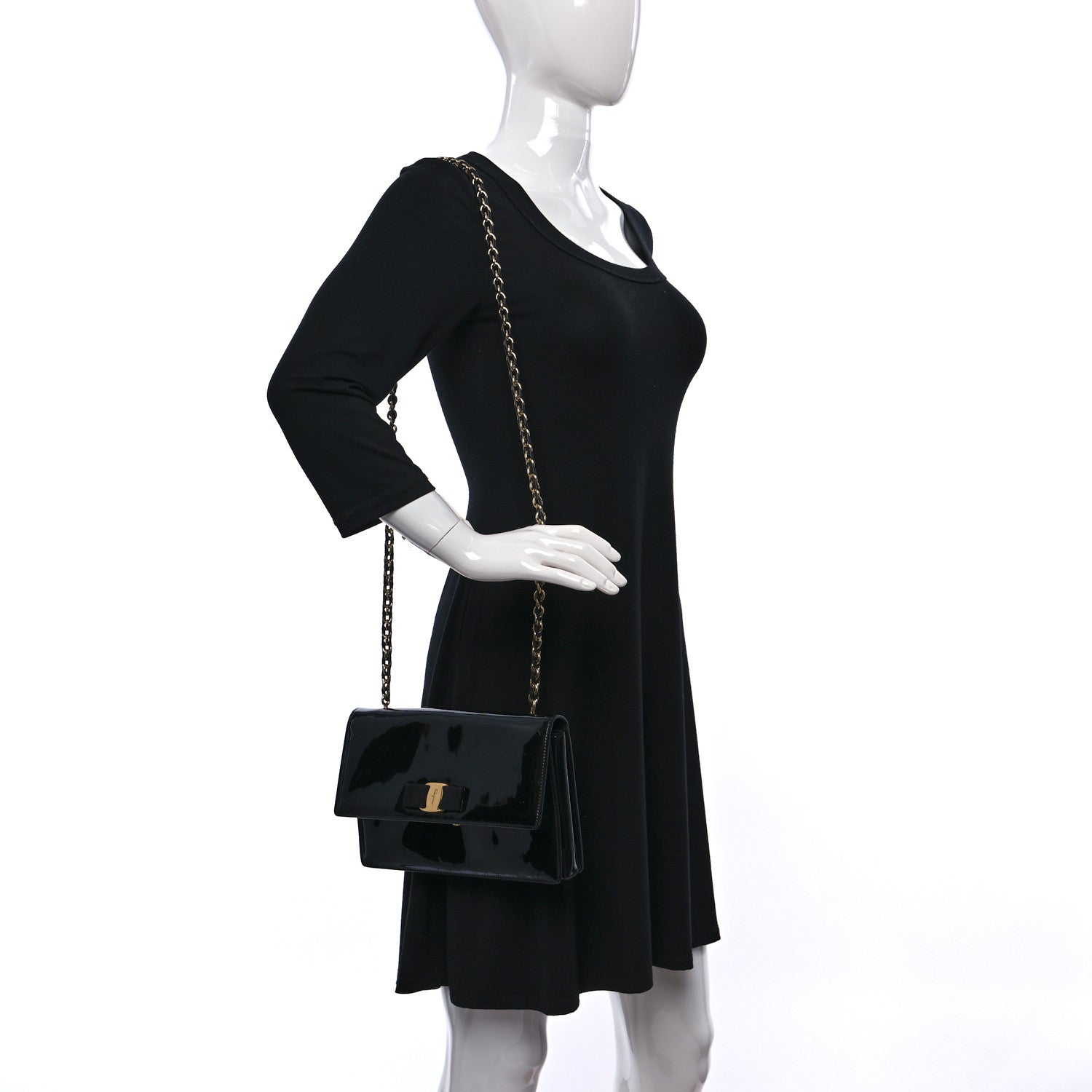 Salvatore Ferragamo Patent Ginny Vara Bow Shoulder Bag Black 2 of 9