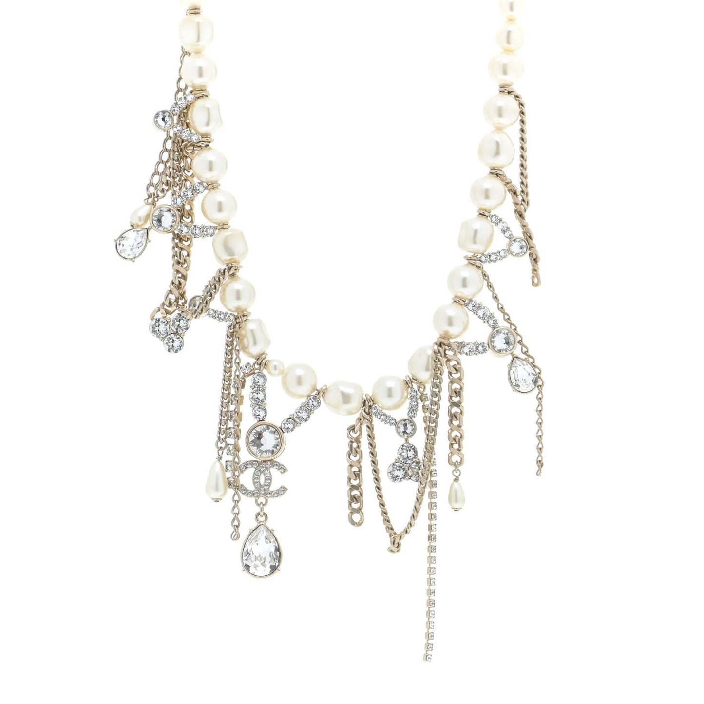 Pearl Crystal CC Dangle Short Necklace Gold