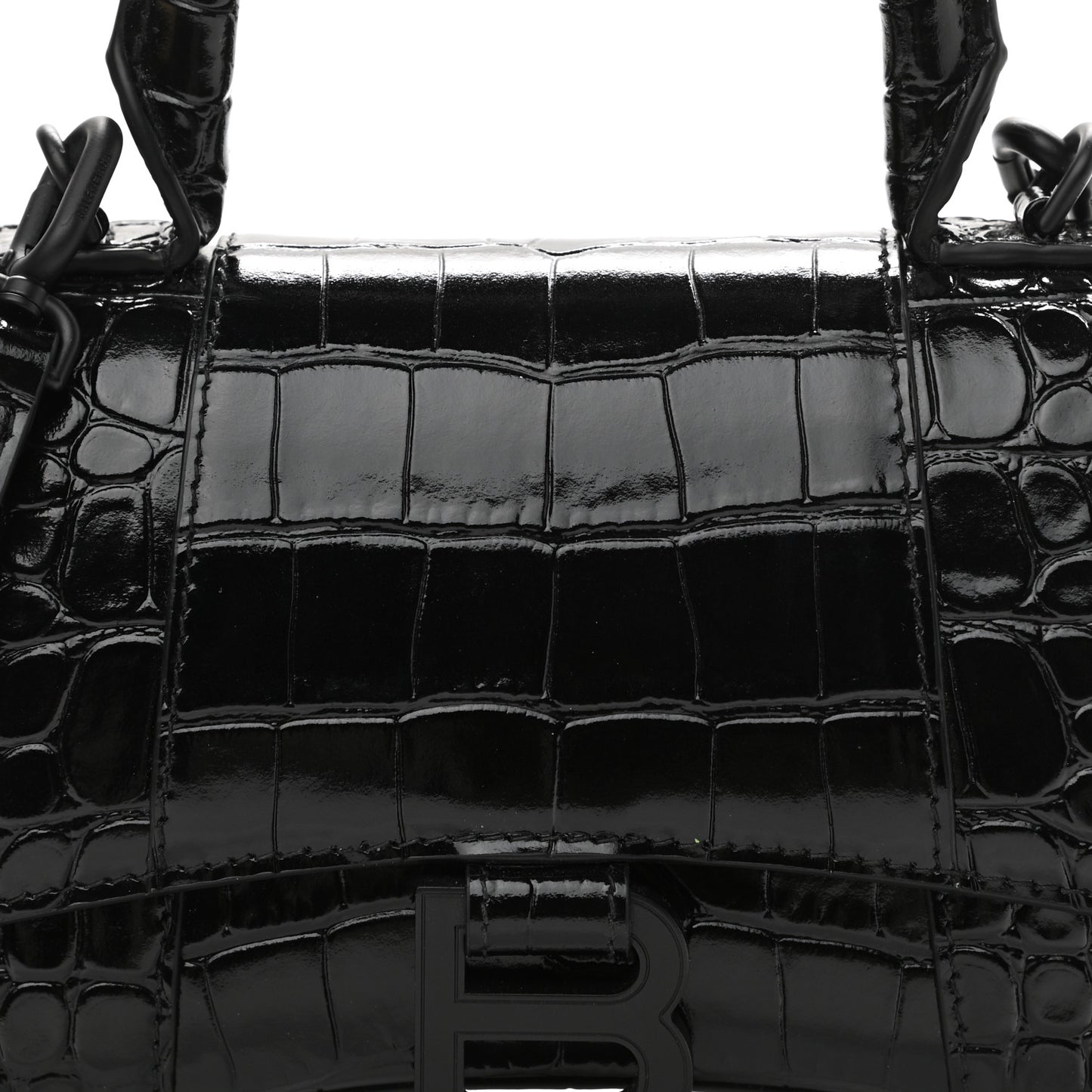 Shiny Calfskin Monochrome Crocodile Embossed Hourglass Top Handle Bag XS Black