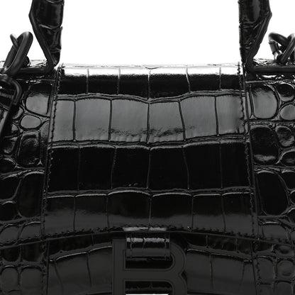 Balenciaga Shiny Calfskin Monochrome Crocodile Embossed Hourglass Top Handle Bag XS Black 8 of 11