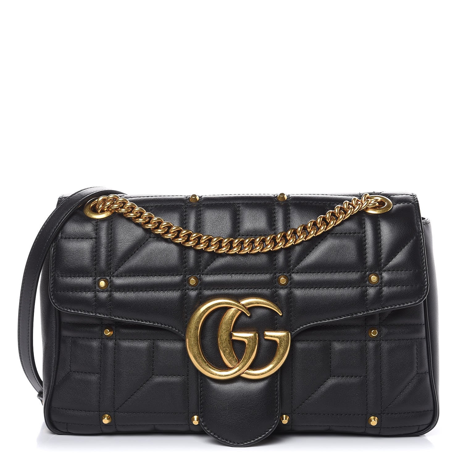 Gucci Calfskin Matelasse Studded Medium GG Marmont Shoulder Bag Black 1 of 12