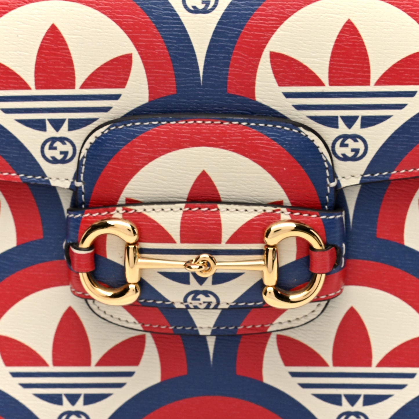 X ADIDAS Shangai Calfskin Web Trefoil Interlocking G Small Horsebit 1955 Shoulder Bag Red White Blue