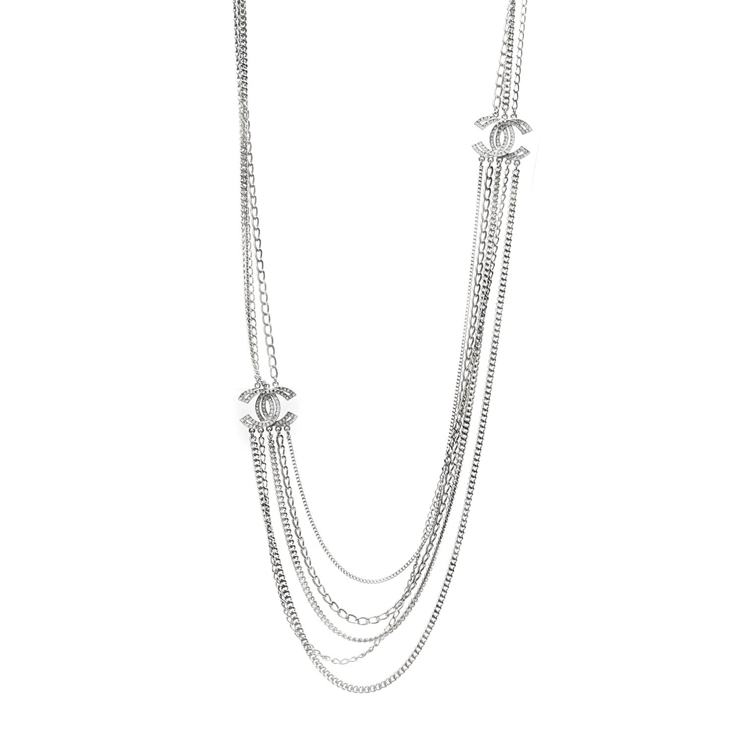 Multi Strand Chain Baguette Crystal CC Necklace Silver