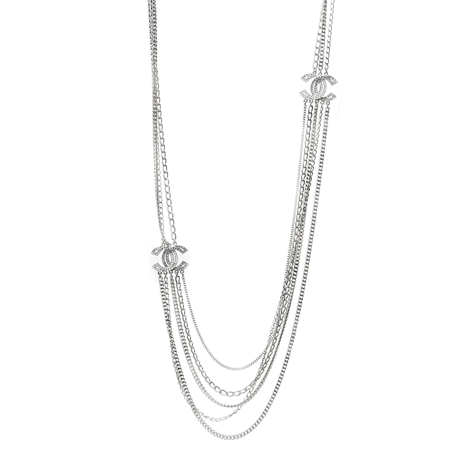 Chanel Multi Strand Chain Baguette Crystal CC Necklace Silver 1 of 5
