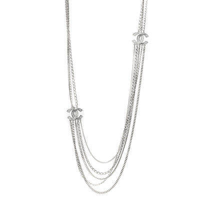 Chanel Multi Strand Chain Baguette Crystal CC Necklace Silver 1 of 5