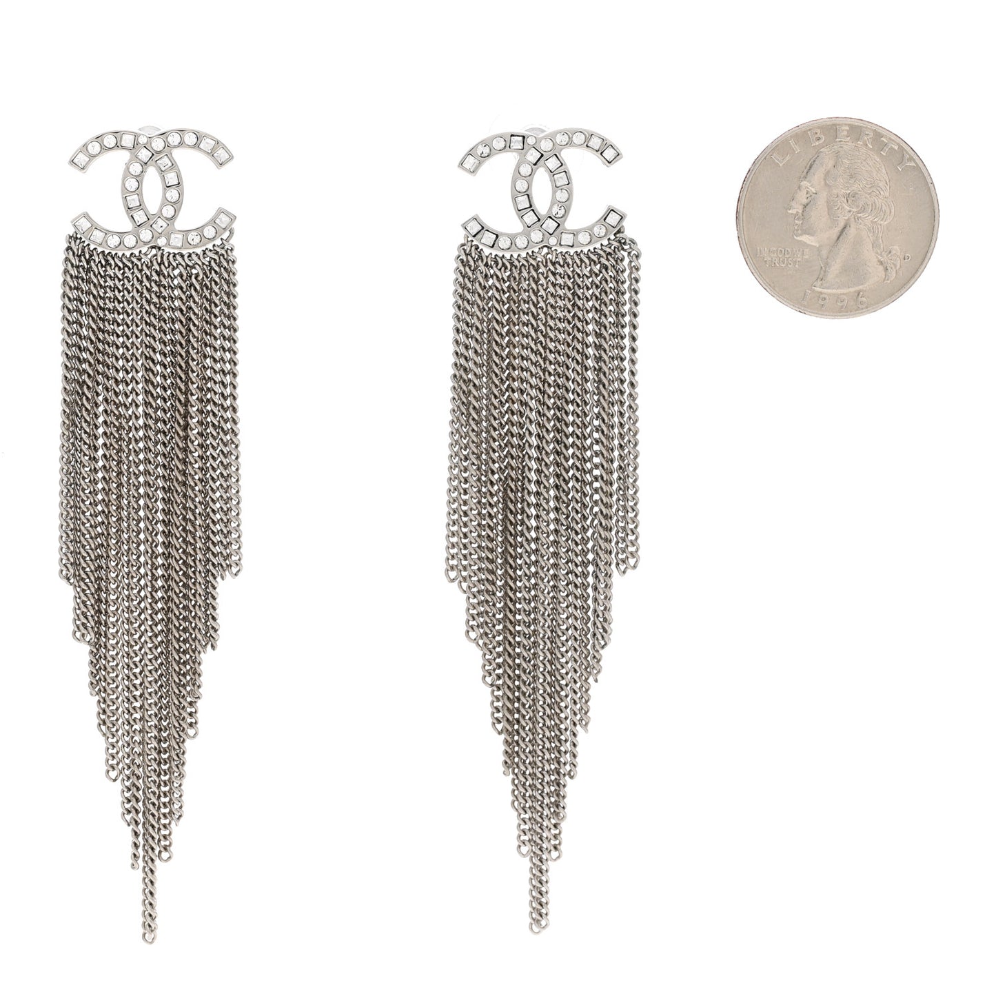 Baguette Crystal CC Chain Drop Earrings Silver