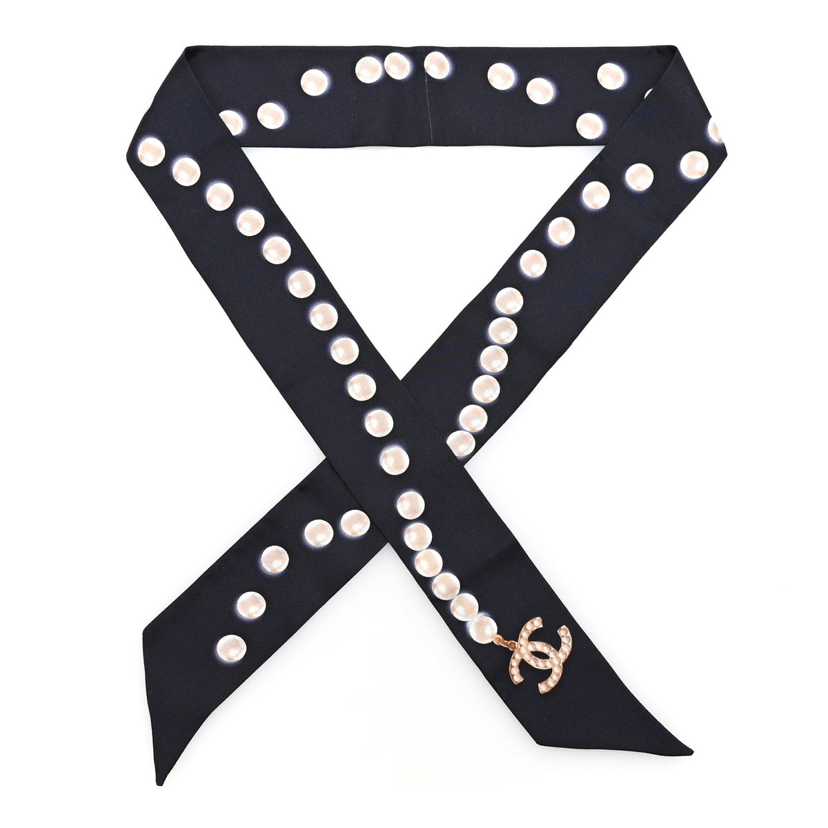 Chanel Silk Pearl CC Slim Bandeau Scarf Navy 1 of 4