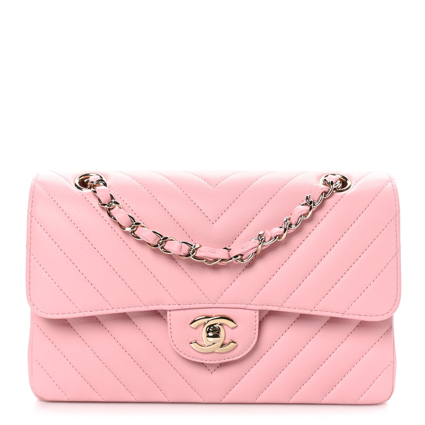 Caviar Chevron Quilted Small Double Flap Pink