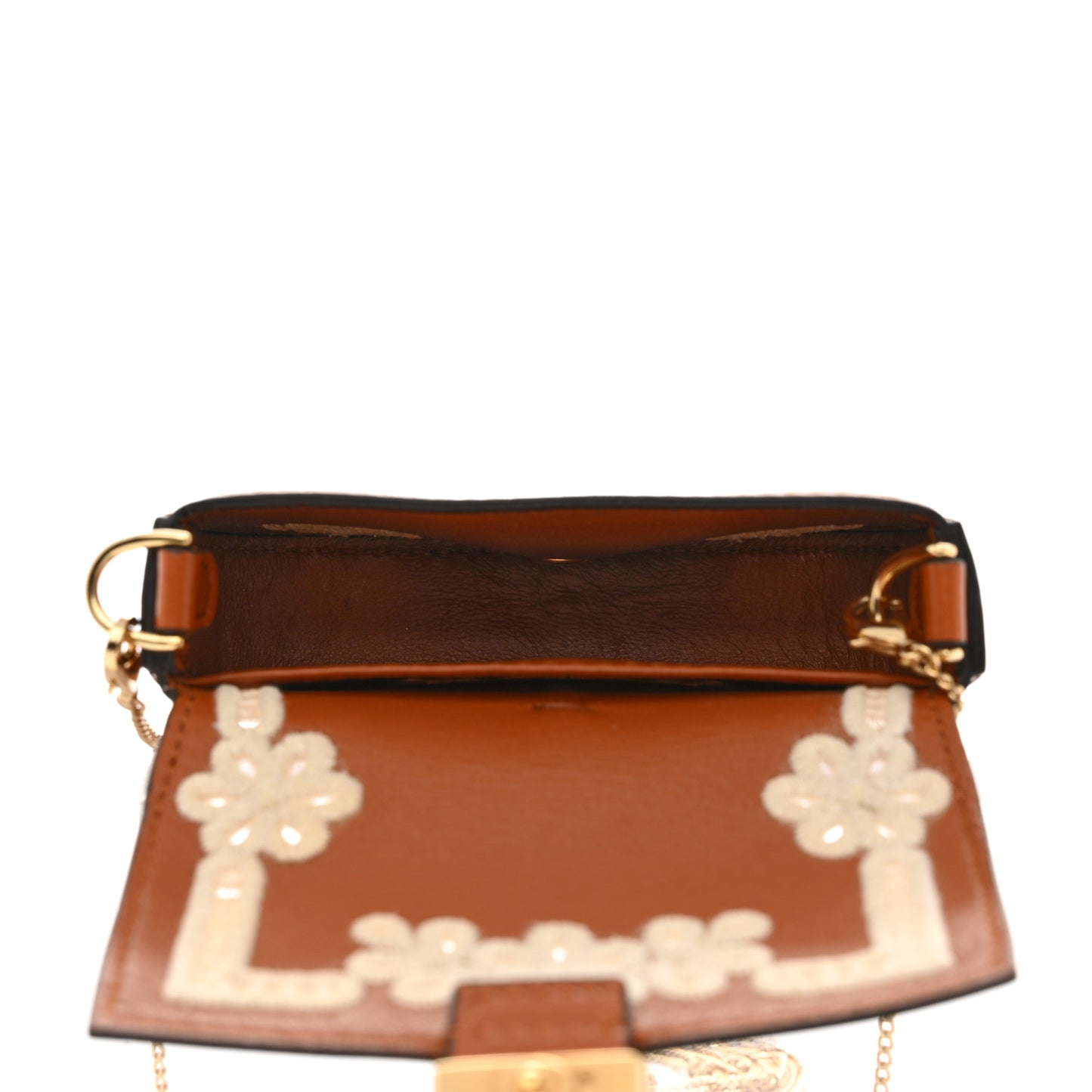 Shiny Nappa Vitello King Floral Ajour Embroidered Nano Baguette Charm Brandy