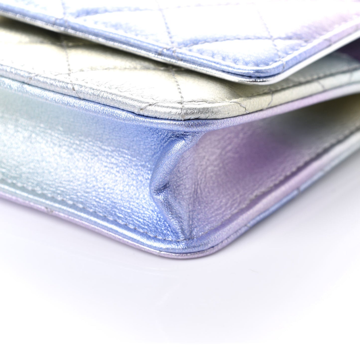 Gradient Metallic Calfskin Quilted Wallet On Chain WOC Silver Blue Yellow Purple