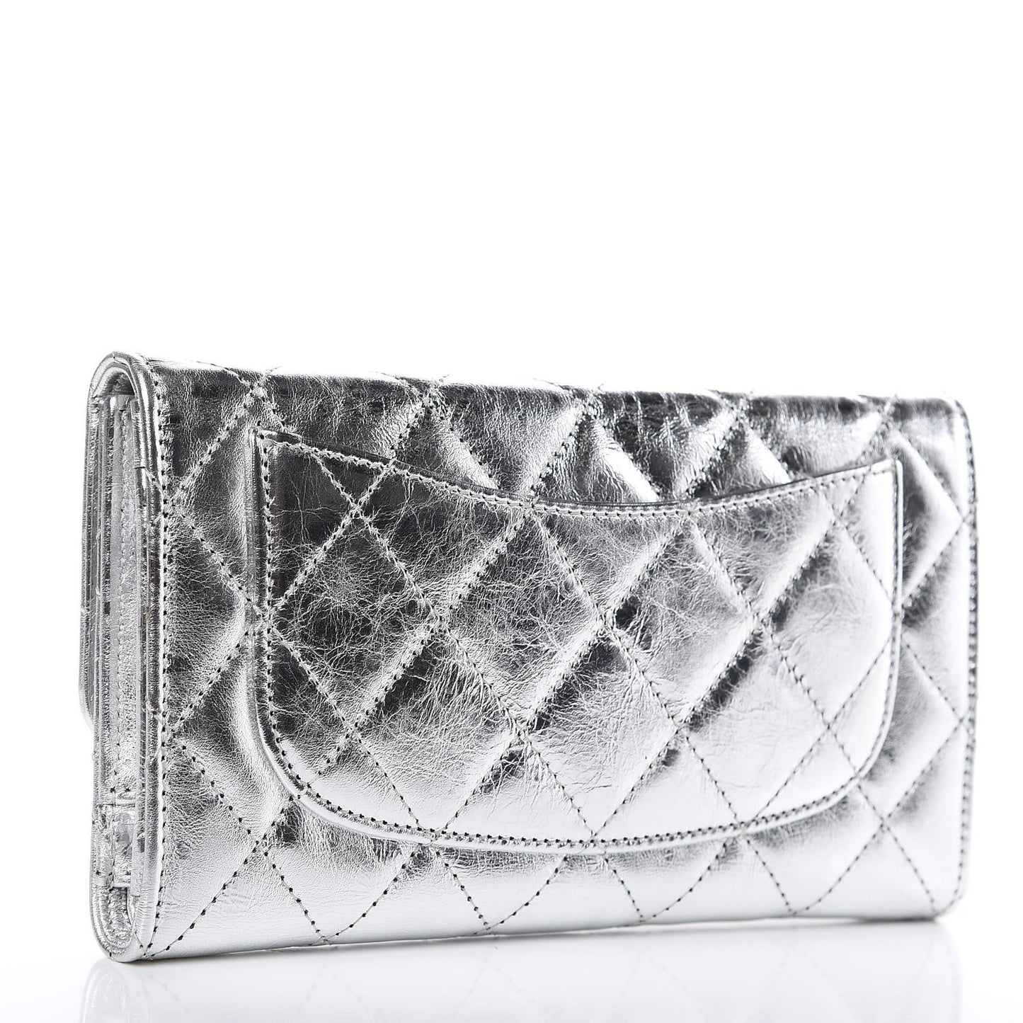 Metallic Aged Calfskin Quilted Reissue Long Flap Wallet Light Silver