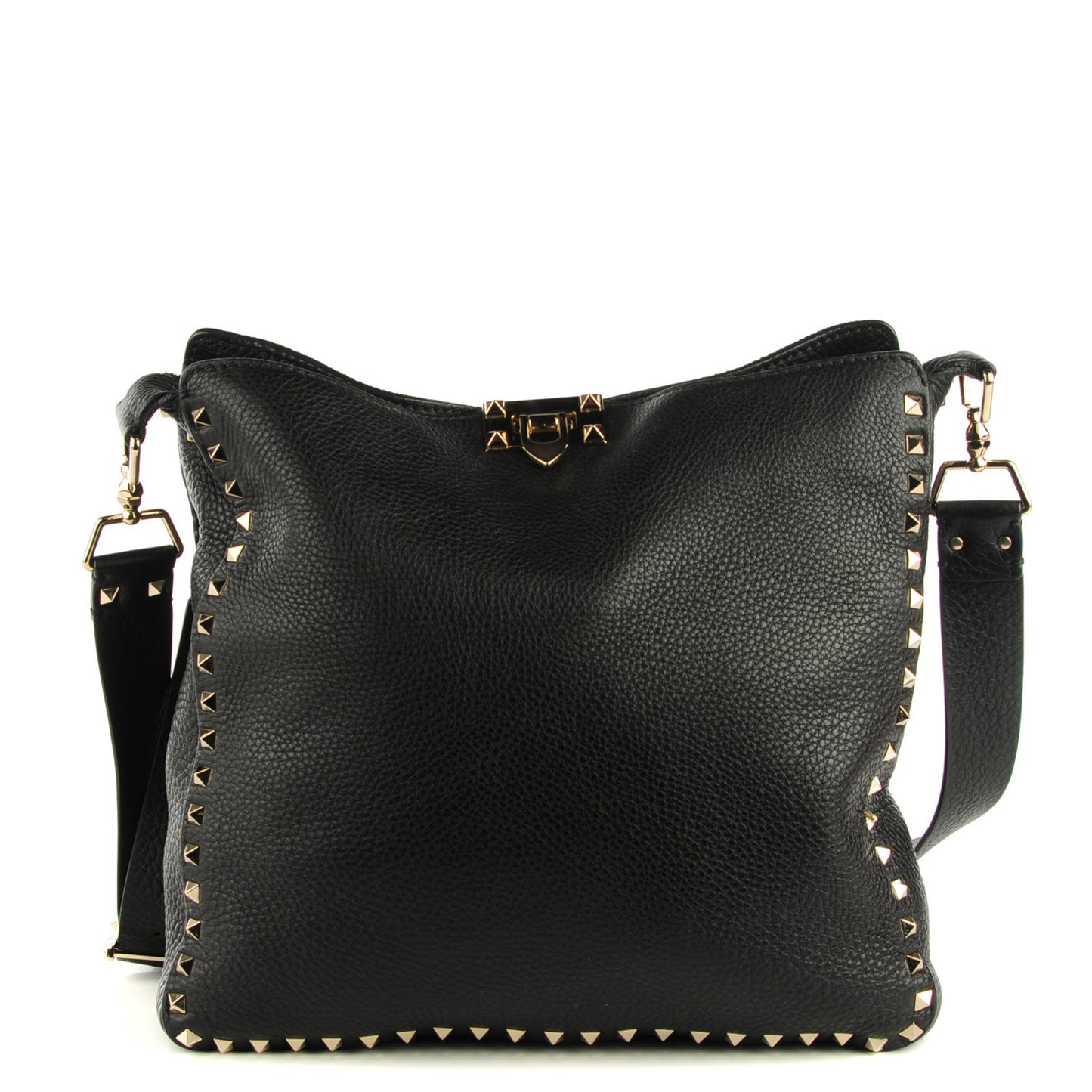 Pebbled Calfskin Large Rockstud Flip-Lock Messenger Bag Black