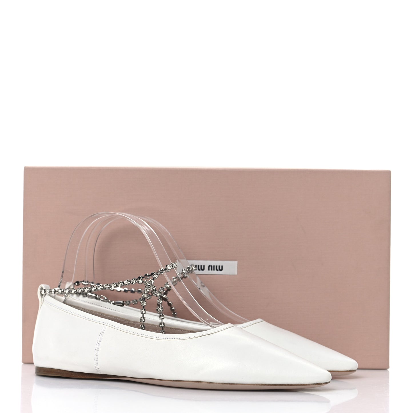 Nappa Crystal Ankle Strap Ballerina Flats 35 White