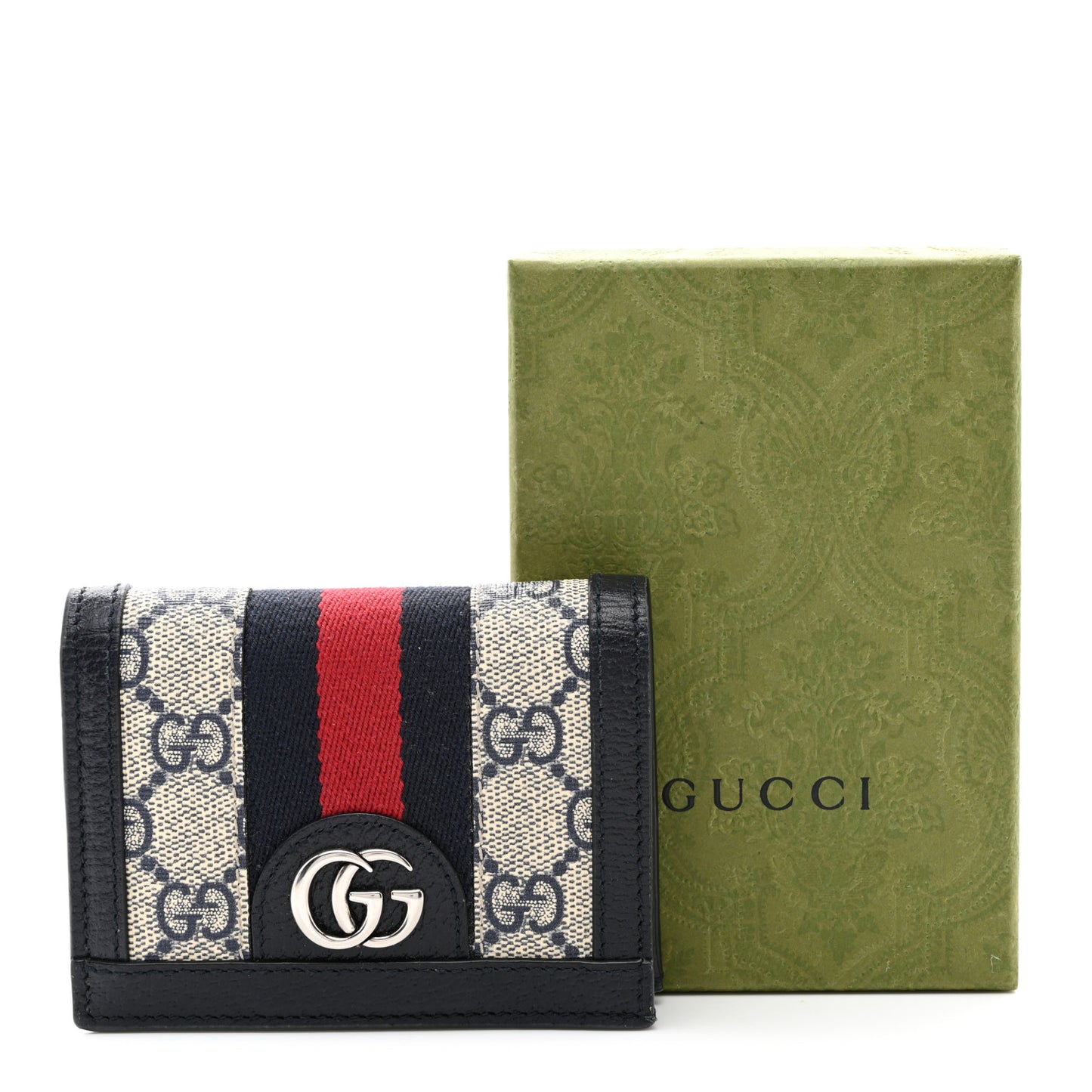 GG Supreme Monogram Textured Dollar Calfskin Web Ophidia Card Case Beige Blue