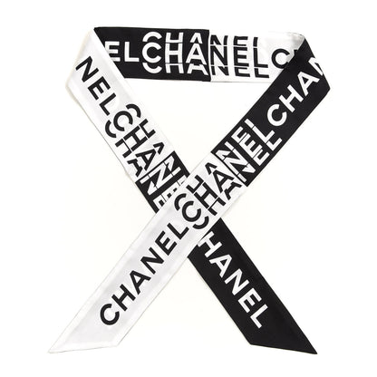 Chanel Silk Logo Slim Bandeau Scarf Black White 1 of 4