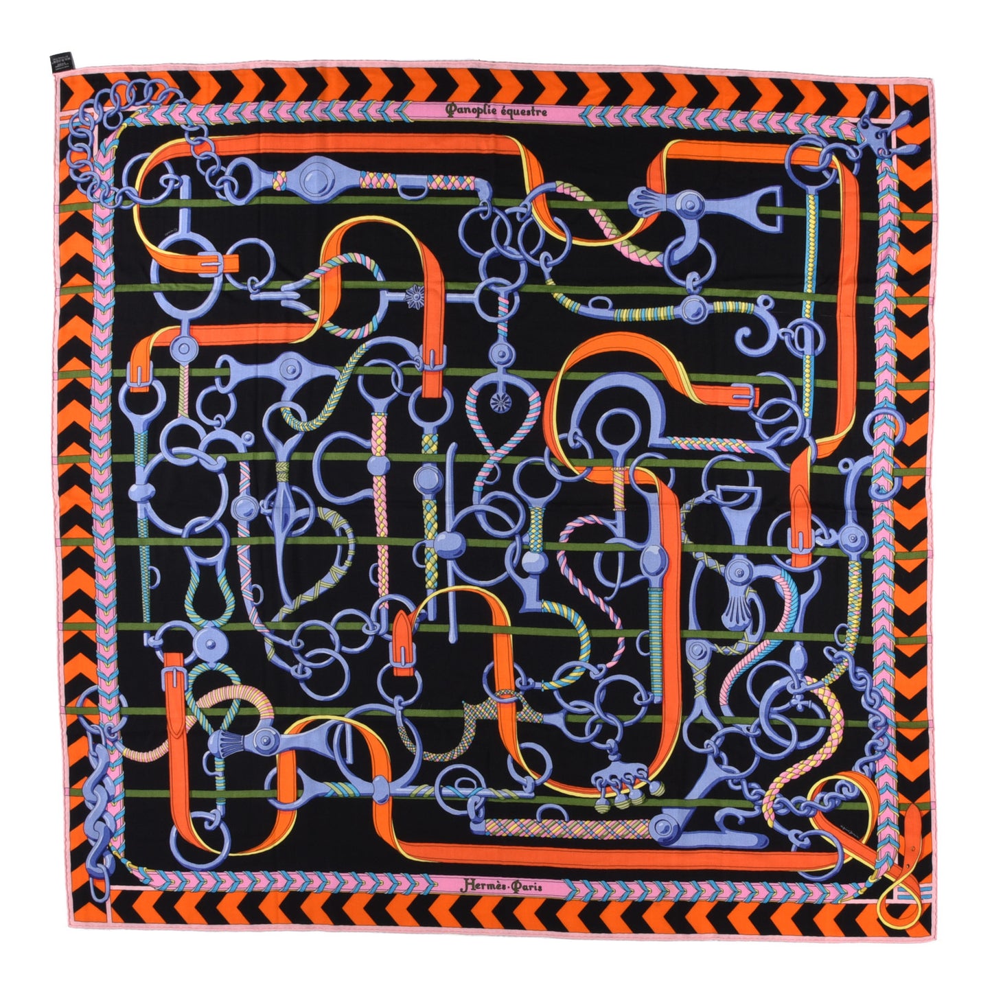 Cashmere Silk Panoplie Equestre Shawl 140 Black Orange Vert