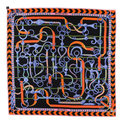Hermes Cashmere Silk Panoplie Equestre Shawl 140 Black Orange Vert 1 of 10