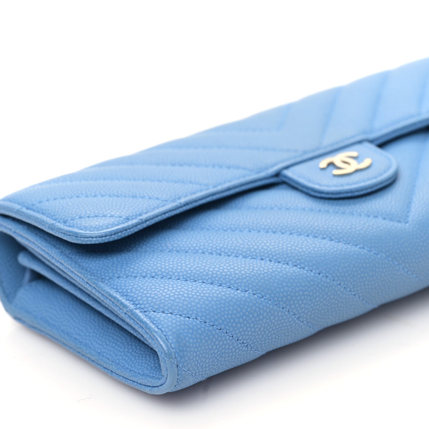 Caviar Chevron Quilted Large Flap Wallet Light Blue