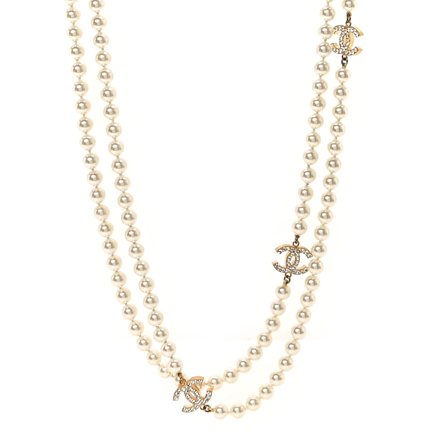 Crystal Pearl CC Long Necklace Gold