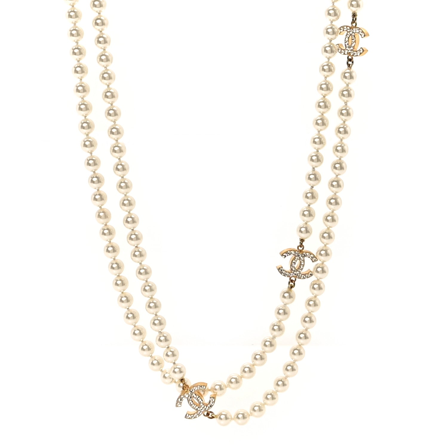 Chanel Crystal Pearl CC Long Necklace Gold 1 of 6