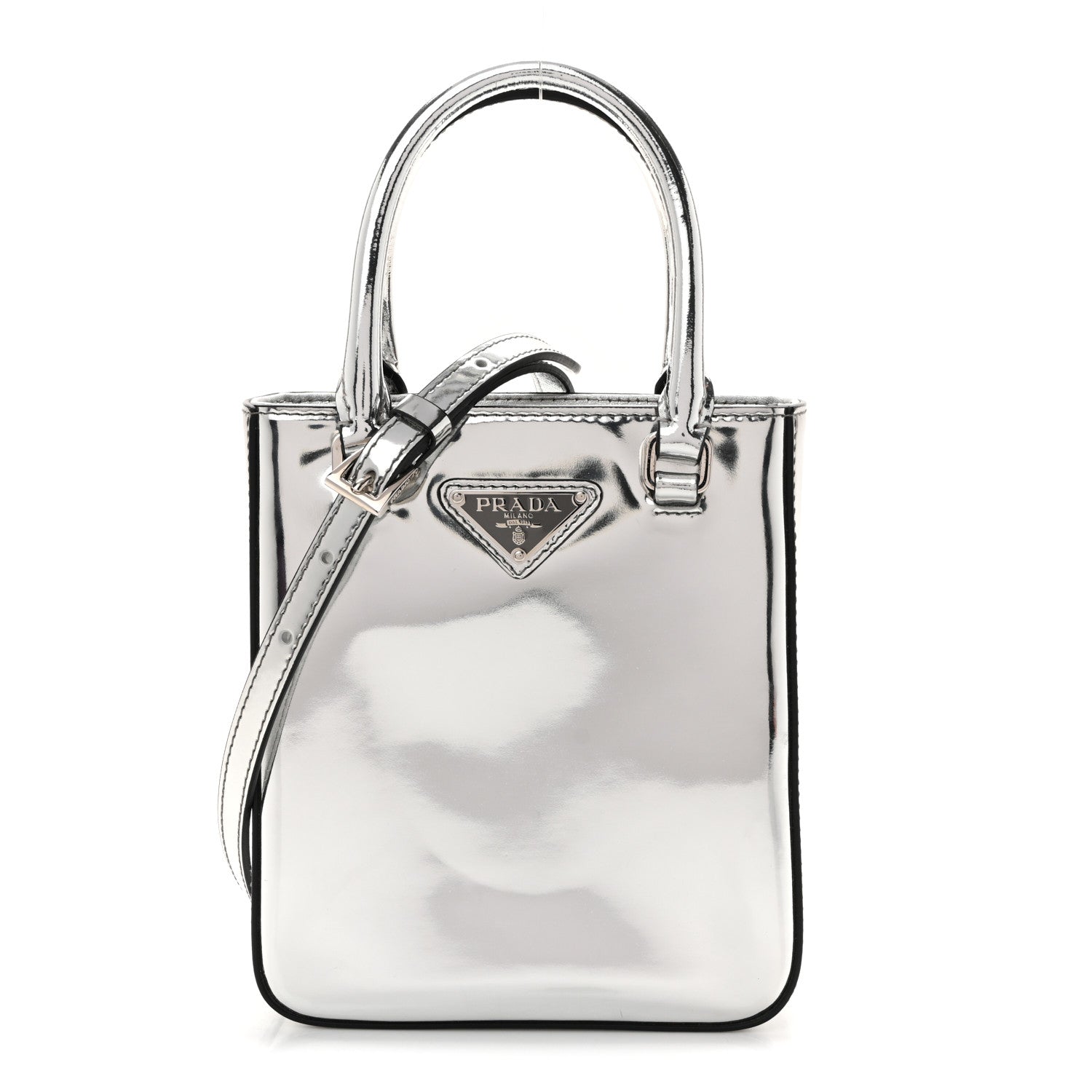 Prada Spazzolato Triangle Small Double Handle Crossbody Tote Argento 1 of 12