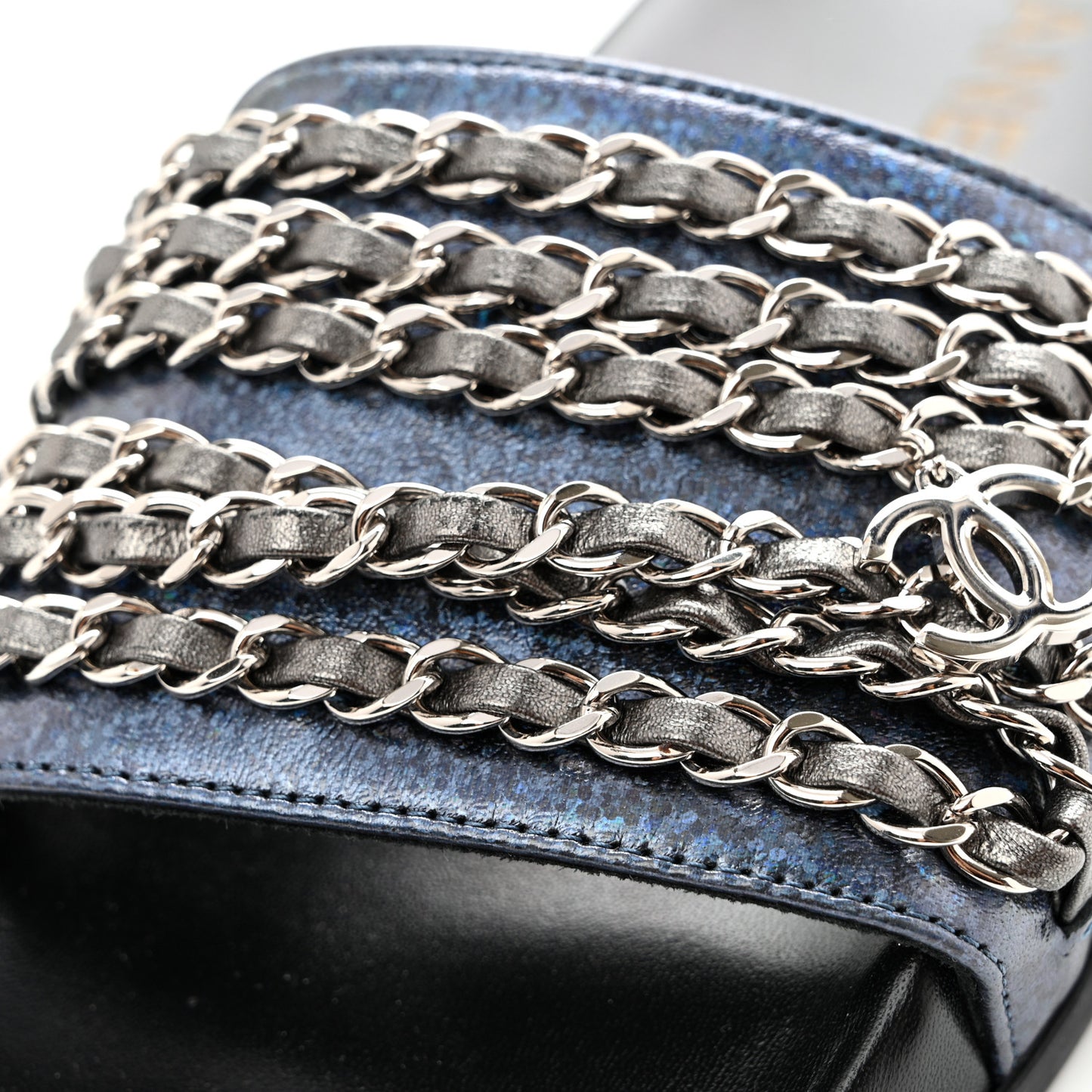 Fantasy Lambskin Chain Slides Sandals Flats 35 Blue
