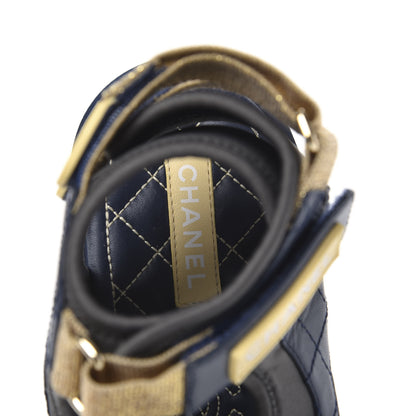 Chanel Goatskin Fabric Gladiator Sandals 38 Navy Blue Light Grey Yellow 6 of 8