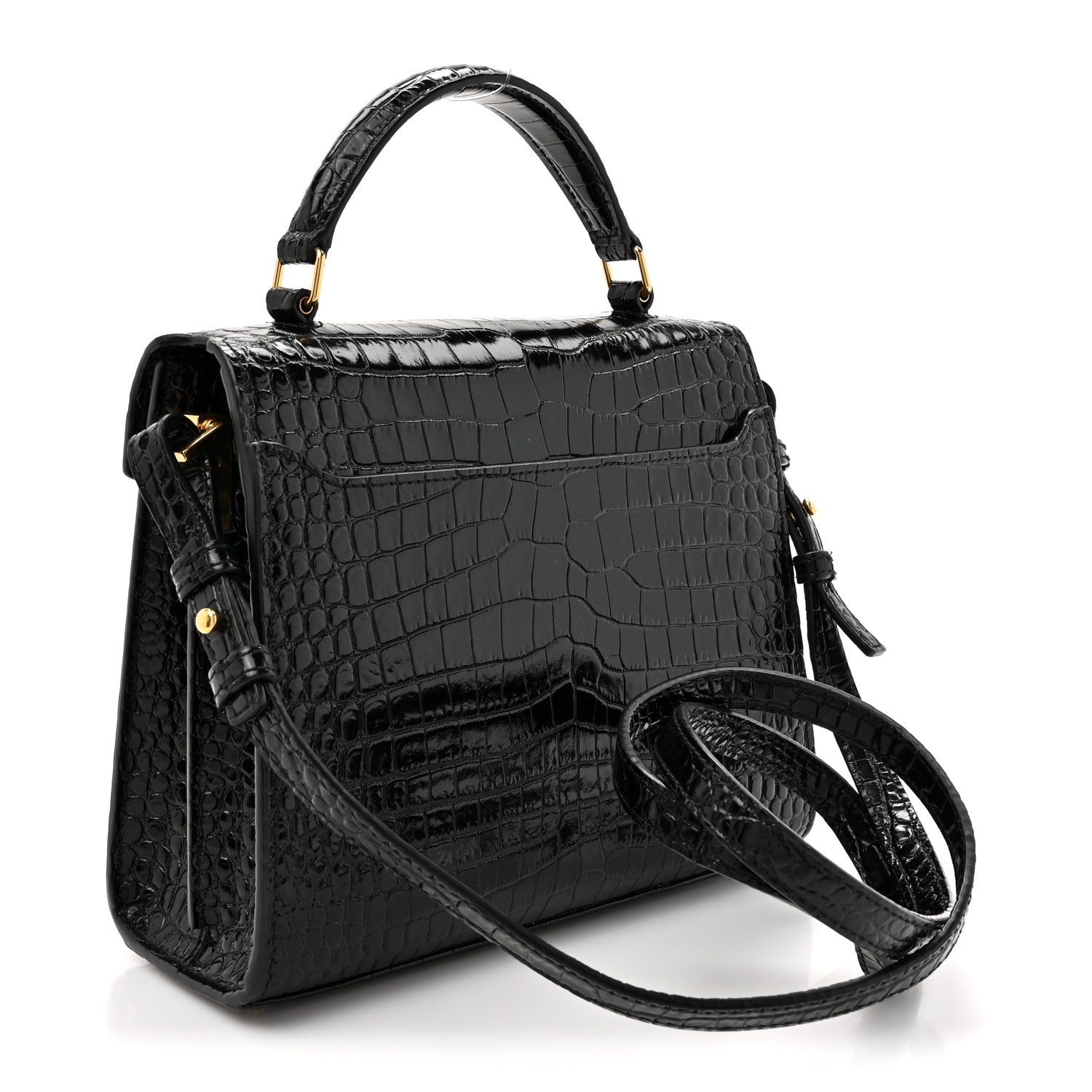 Saint Laurent Calfskin Crocodile Embossed Mini Classic Monogram Cassandra Top Handle Black 3 of 12