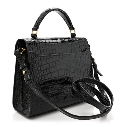 Saint Laurent Calfskin Crocodile Embossed Mini Classic Monogram Cassandra Top Handle Black 3 of 12