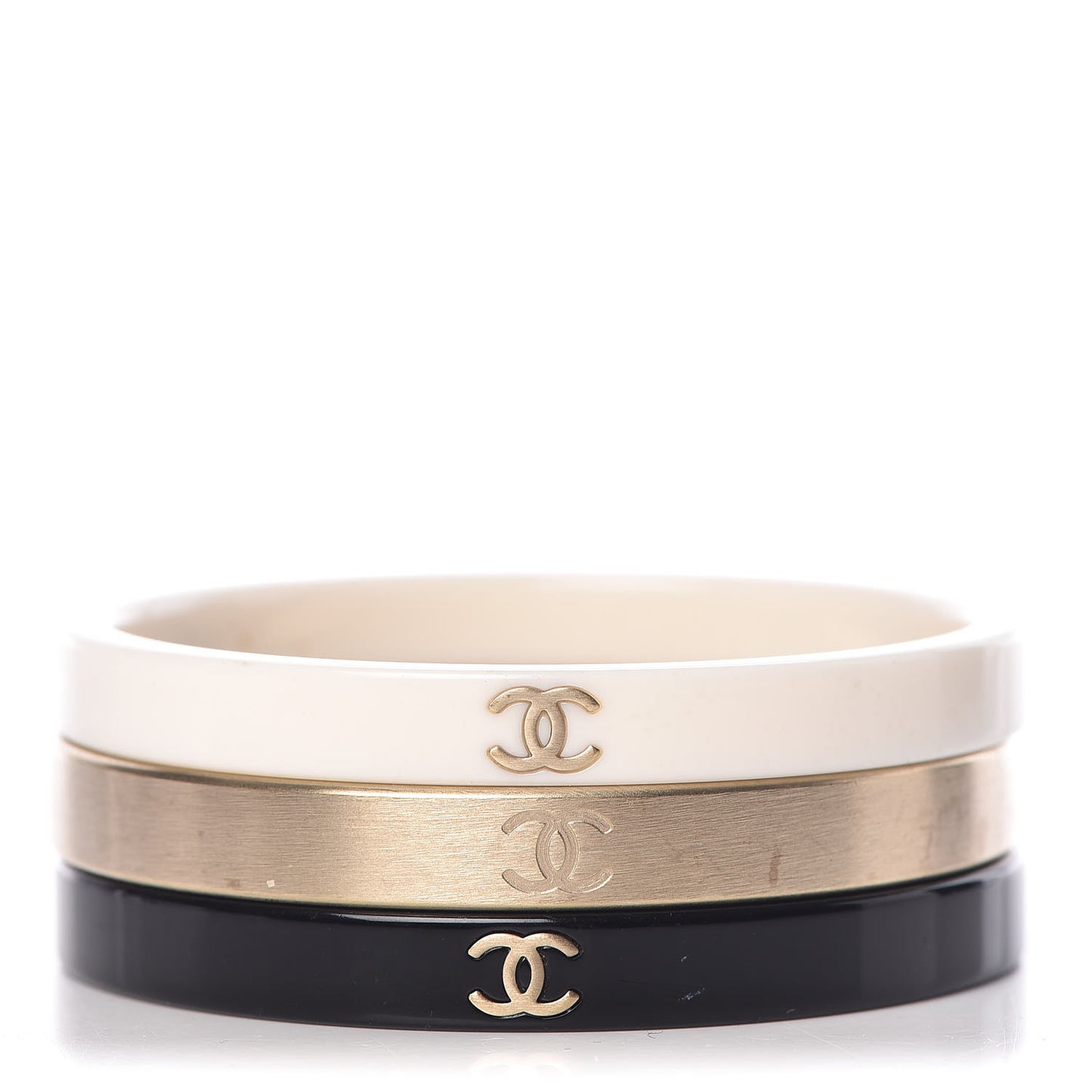Resin Metal CC Bangle Set of 3 Black White Gold