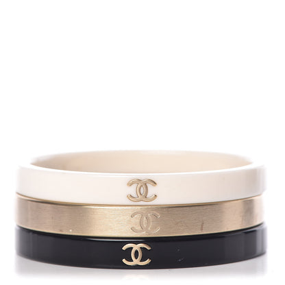 Chanel Resin Metal CC Bangle Set of 3 Black White Gold 1 of 6