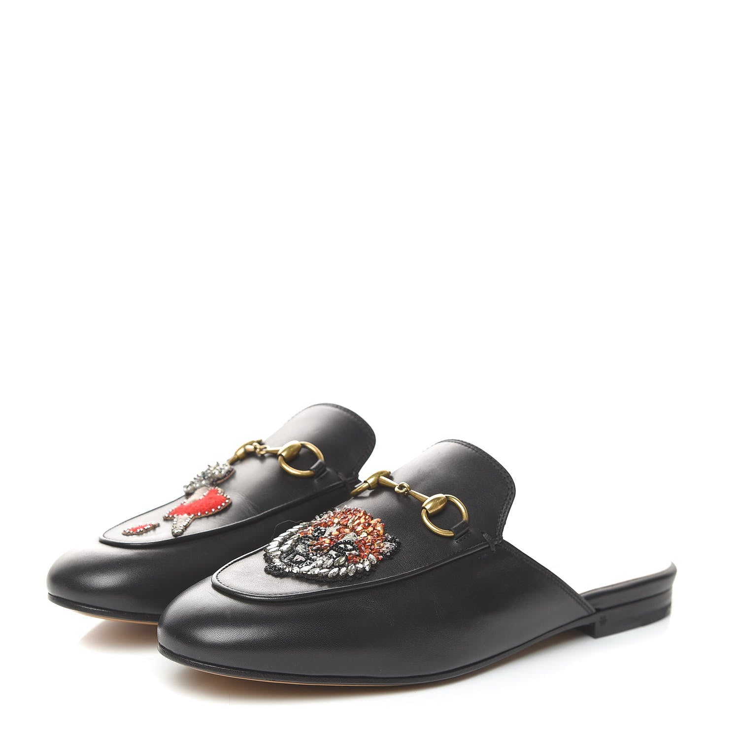 Gucci Calfskin Crystal Tiger Embroidered Princetown Slippers 37.5 Black 3 of 9